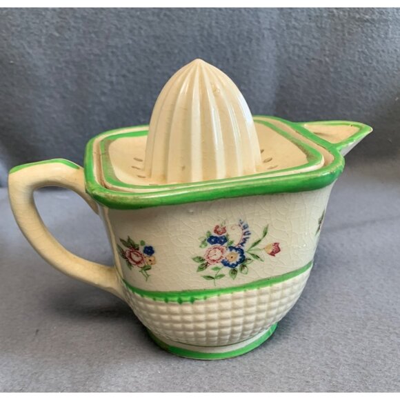 Vintage Ceramic Floral Citrus Reamer Juicer Pitcher with Green Trim - Picture 12 of 13